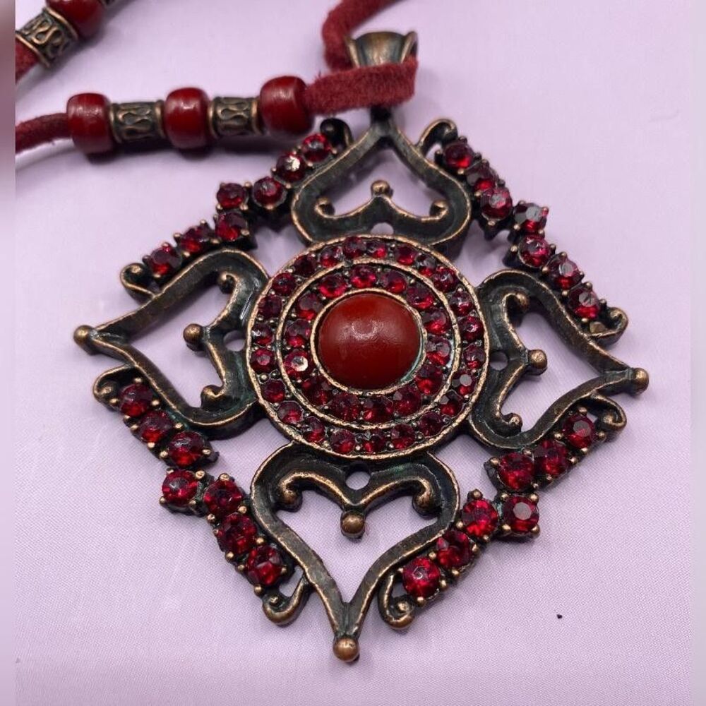 Boho Statement Pendant Necklace Women Red Rhinestone Cabochon Bronze Tone #Read#